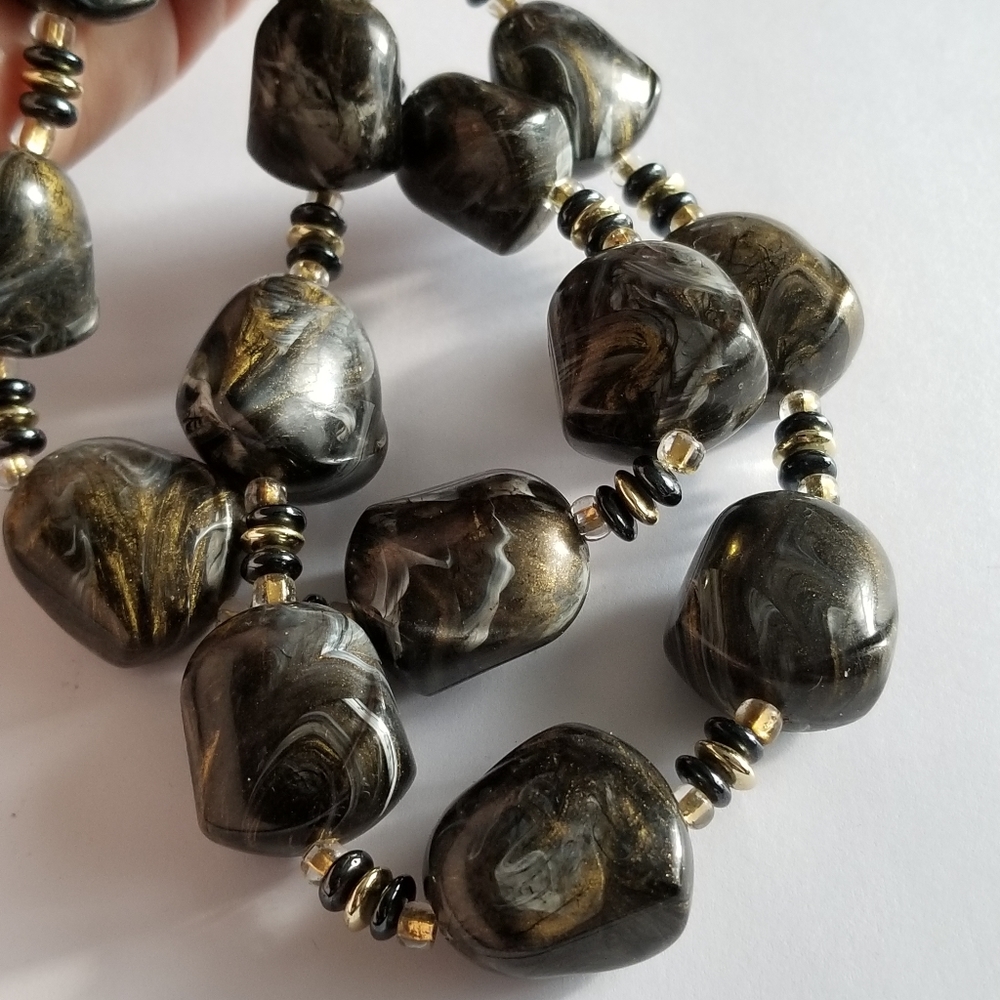 Vintage necklace two strand gold tone black swirled gold chunky multistrand - Picture 6 of 11